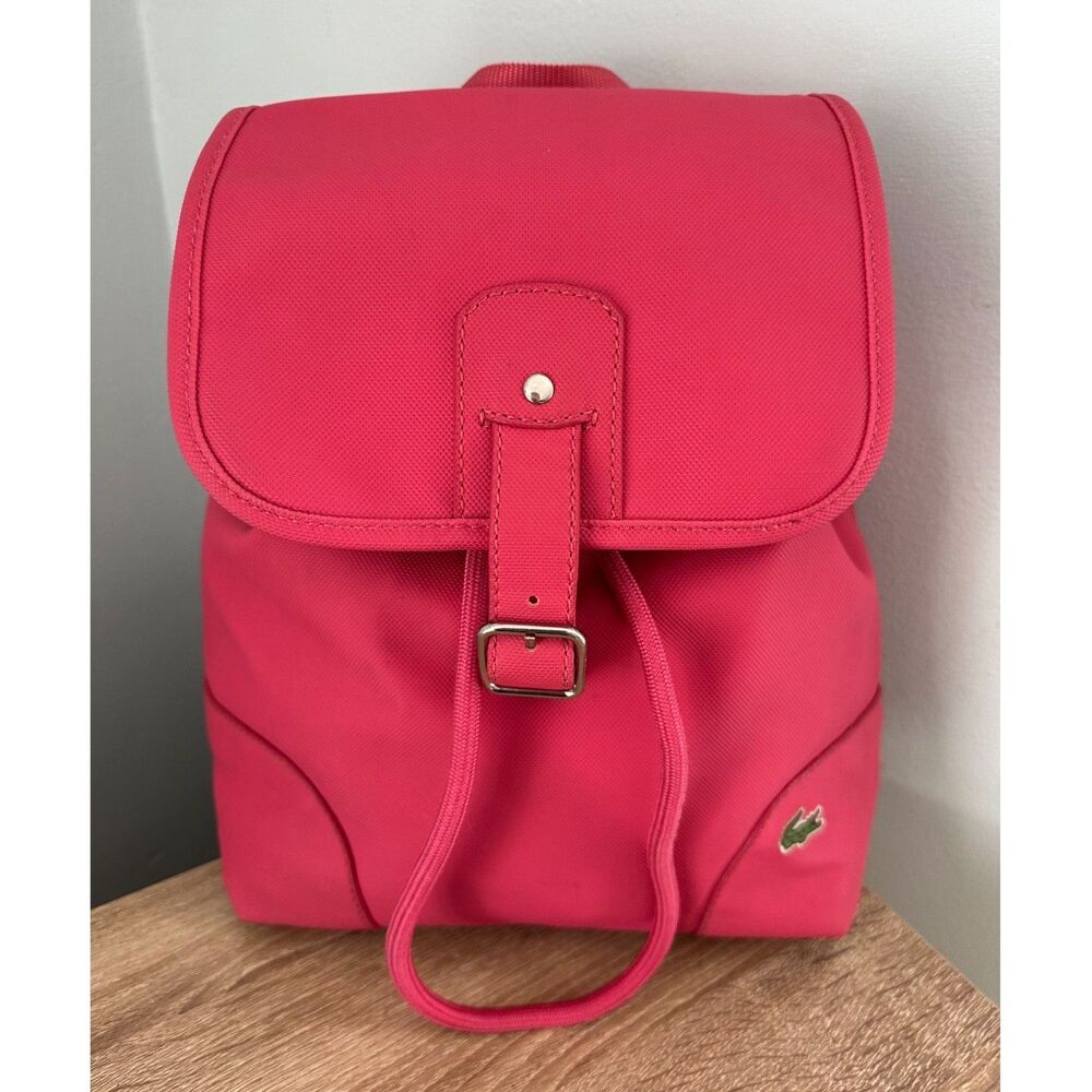 Lacoste Coral Pink PVC Backpack Drawstring Flap Crocodile Logo Y2K 2000s Bag